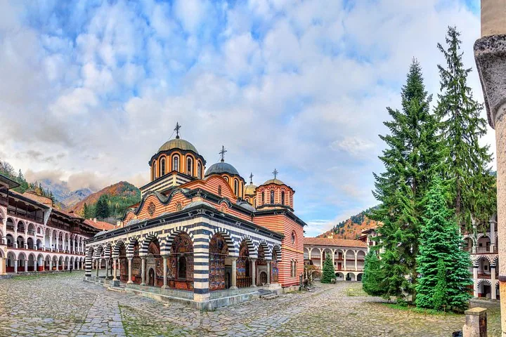 Courtyard of Rila Monastery with the main church and surrounding residential buildings